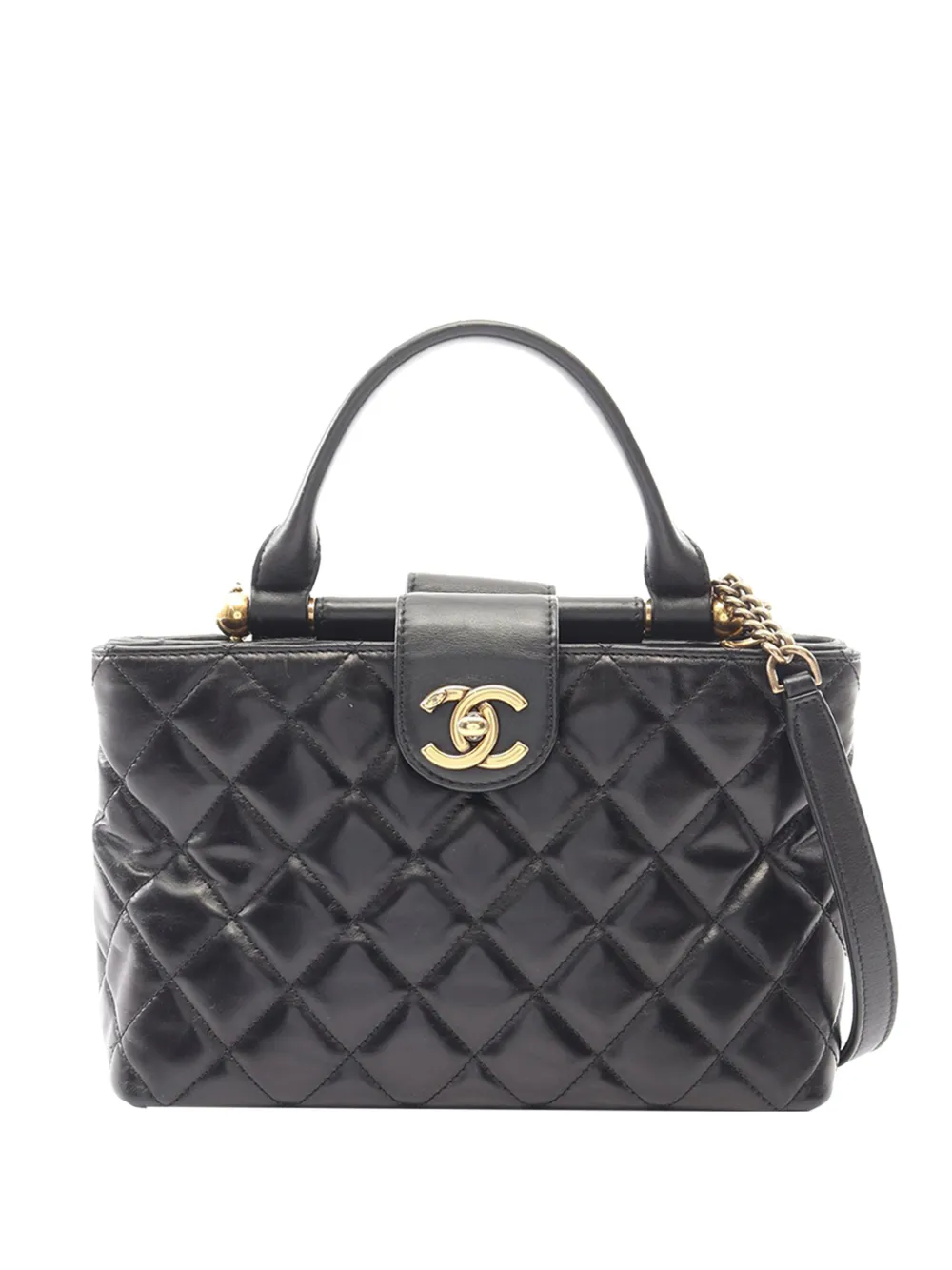 Pre-owned Chanel 2016-2017 Cc Quilted Lambskin Paris-rome Gold Bar Satchel In Black