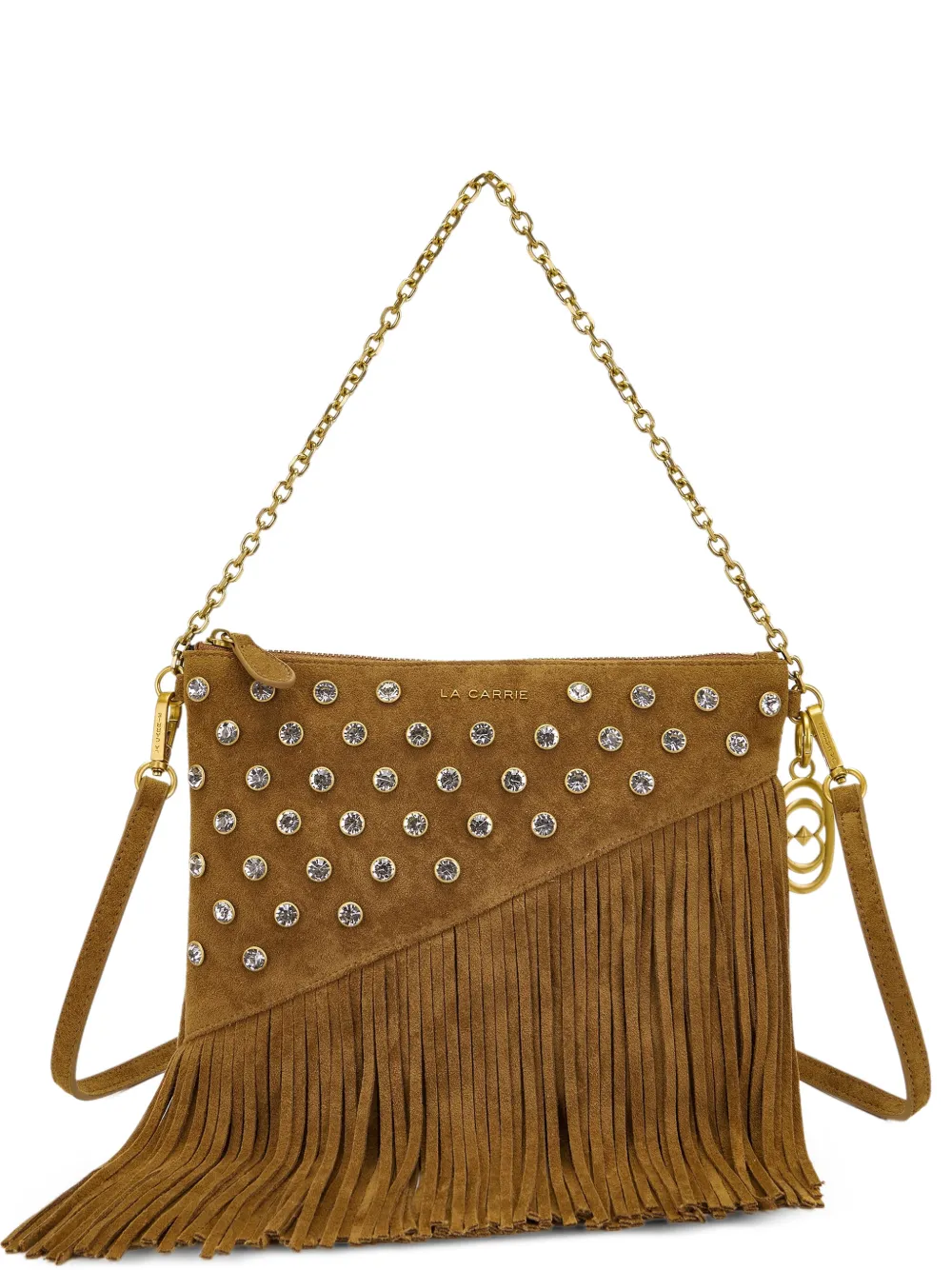 La Carrie crystal-embellished fringed shoulder bag - Marrone