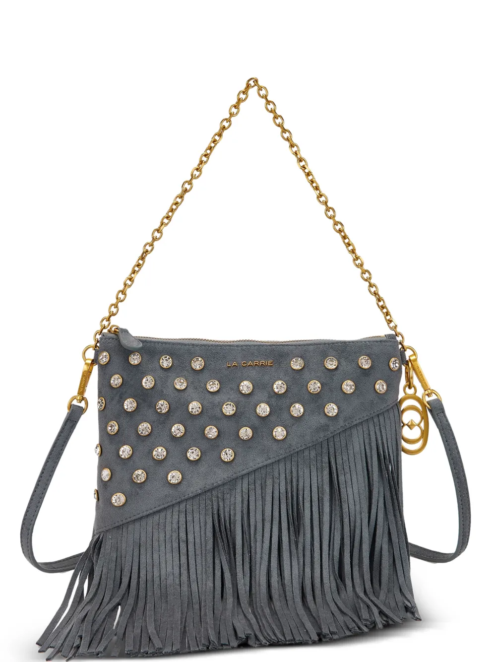 La Carrie crystal-embellished fringed shoulder bag - Grigio