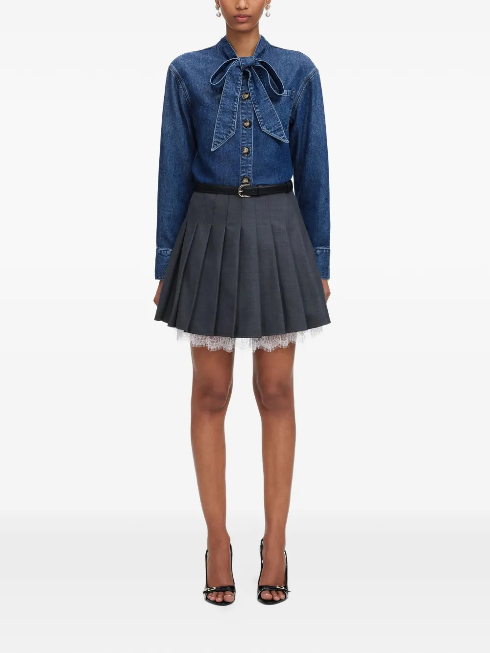 Self-Portrait Denim blouse met gestrikte hals Blauw