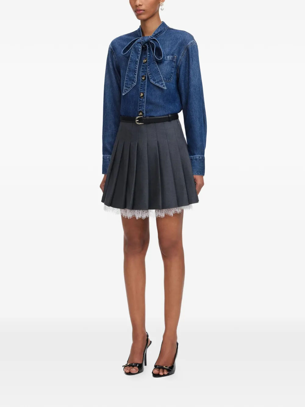 Self-Portrait Denim blouse met gestrikte hals Blauw