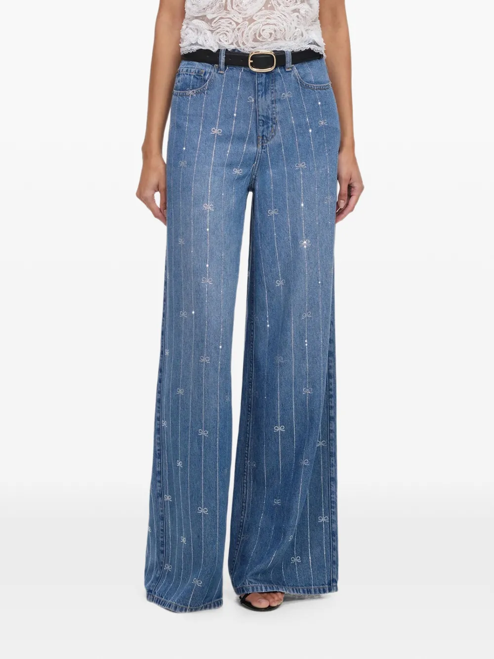Self-Portrait rhinestone-embellished bow-print jeans - Blu