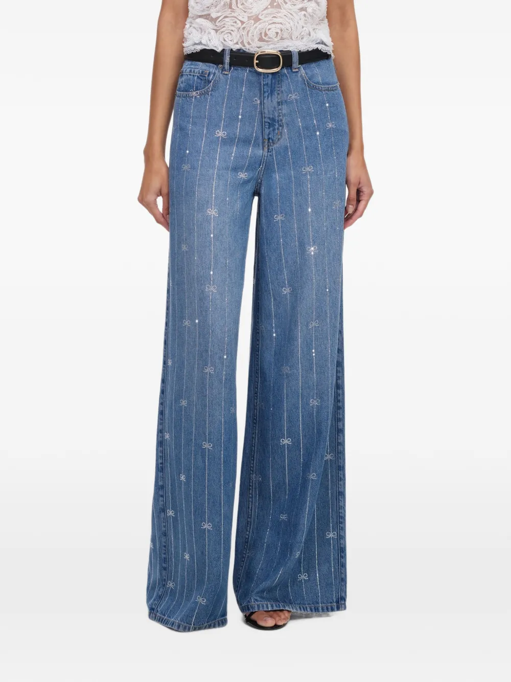 Self-Portrait rhinestone-embellished bow-print jeans - Blu