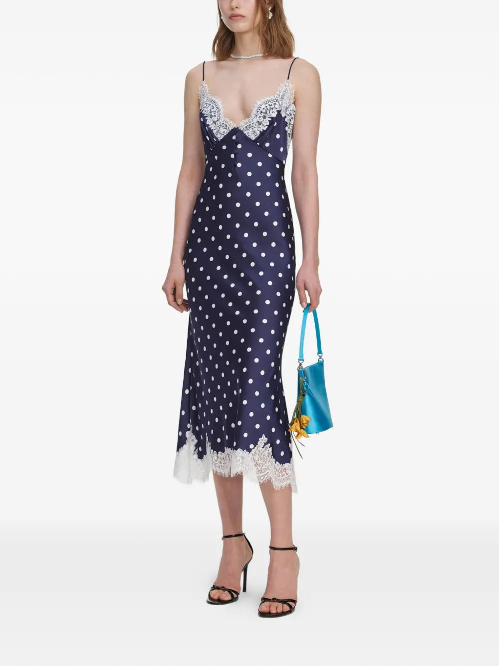 Self-Portrait polka-dot lace-trim midi dress - Blau