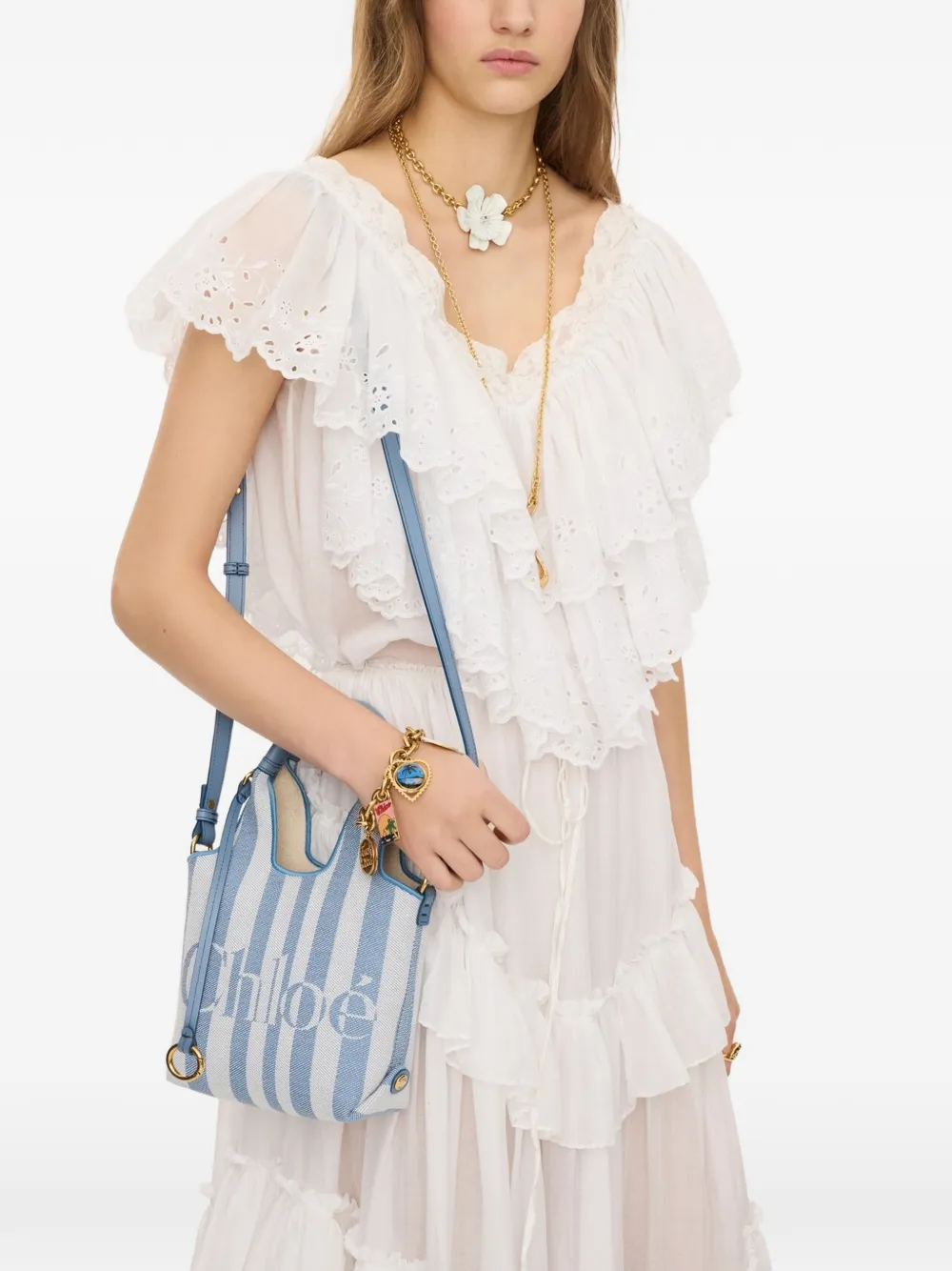 Chloé Chloé striped logo-print mini tote bag - Blue