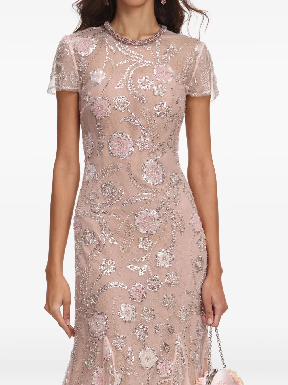 Self-Portrait Midi-jurk met geborduurde bloemen Beige