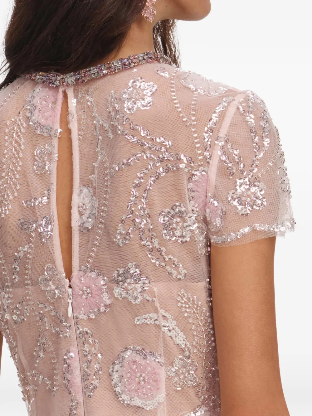 Self-Portrait Midi-jurk met geborduurde bloemen Beige