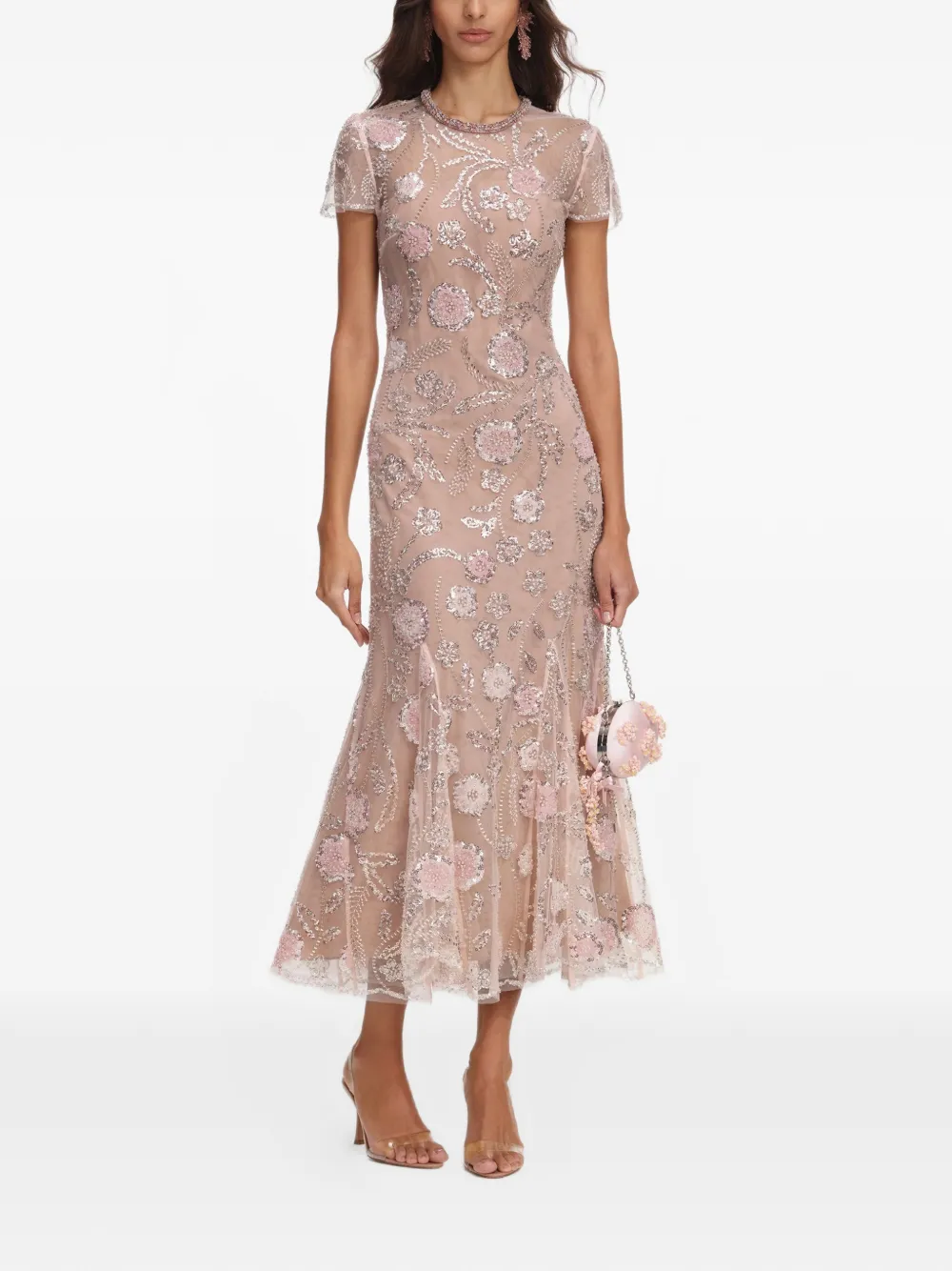 Self-Portrait Midi-jurk met geborduurde bloemen Beige