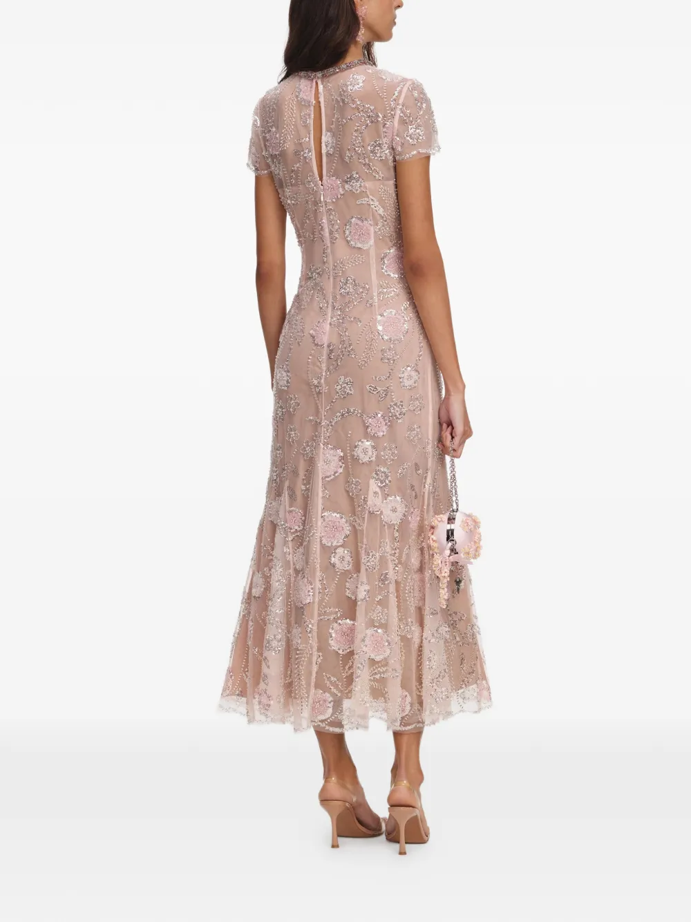 Self-Portrait Midi-jurk met geborduurde bloemen Beige