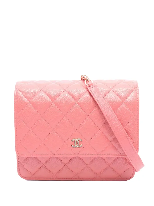 Chanel Pre-owned 2018 Classic Square Caviar Wallet on Chain Crossbody Bag in Pink