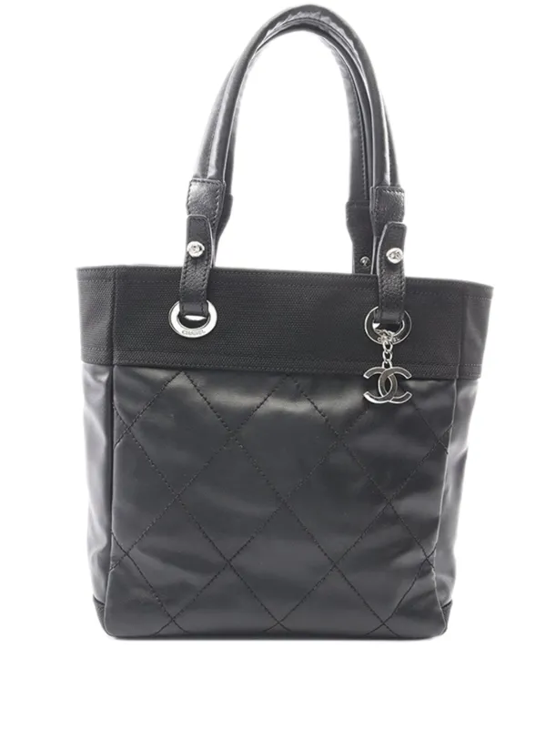 Chanel Pre-owned 2010-2011 Small Quilted Coated Canvas Paris Biarritz Tote Bag in Black