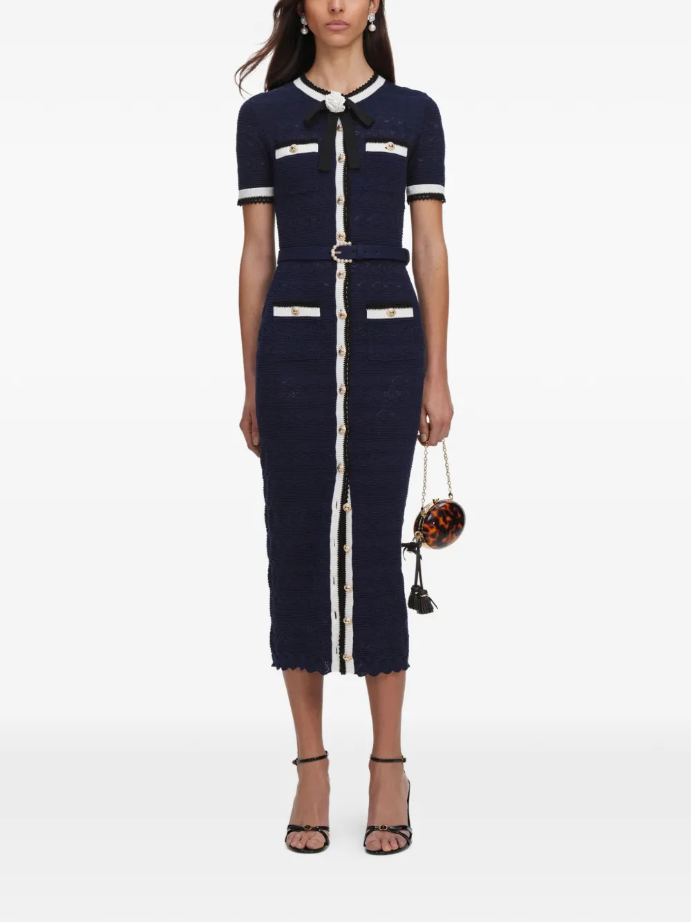 Self-Portrait belted bow-detail midi dress - Blu