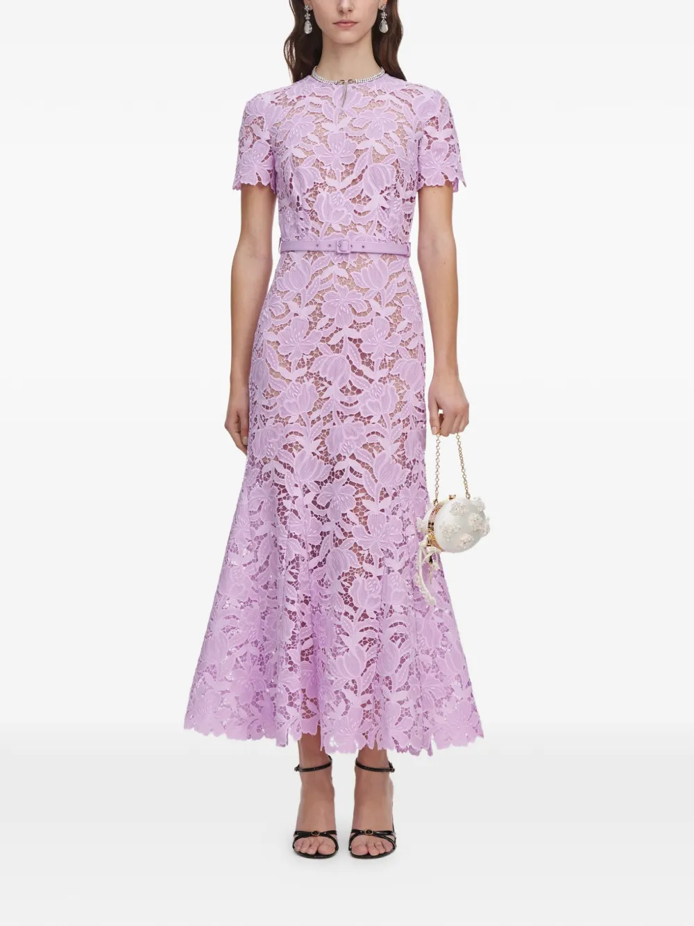 Self-Portrait belted floral-lace midi dress - Purple