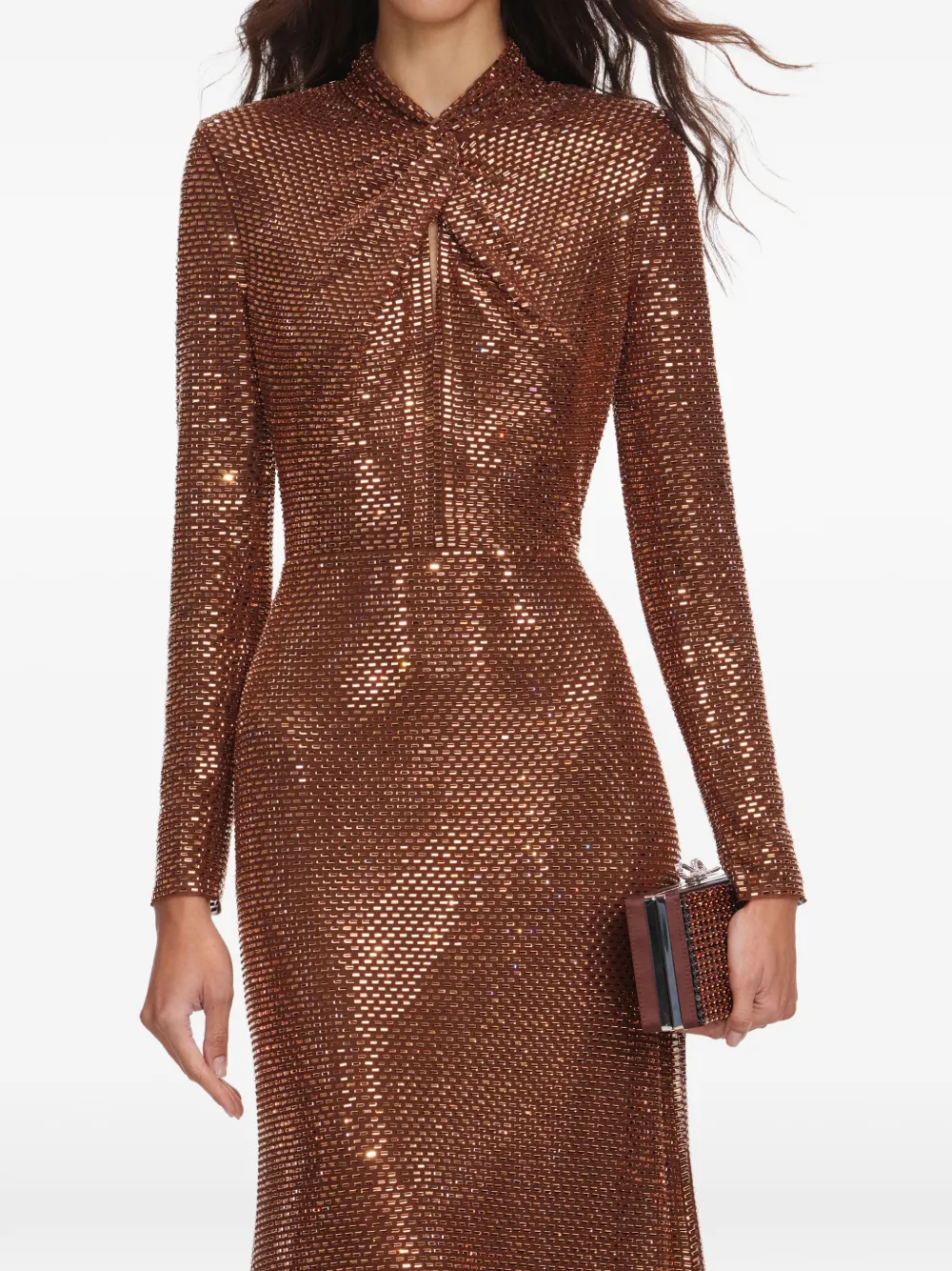 Self-Portrait rhinestone-embellished long-sleeve midi dress - Marrone
