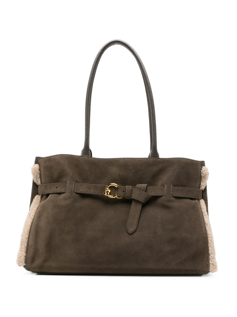Coccinelle shearling-trim suede shoulder bag - Marrone