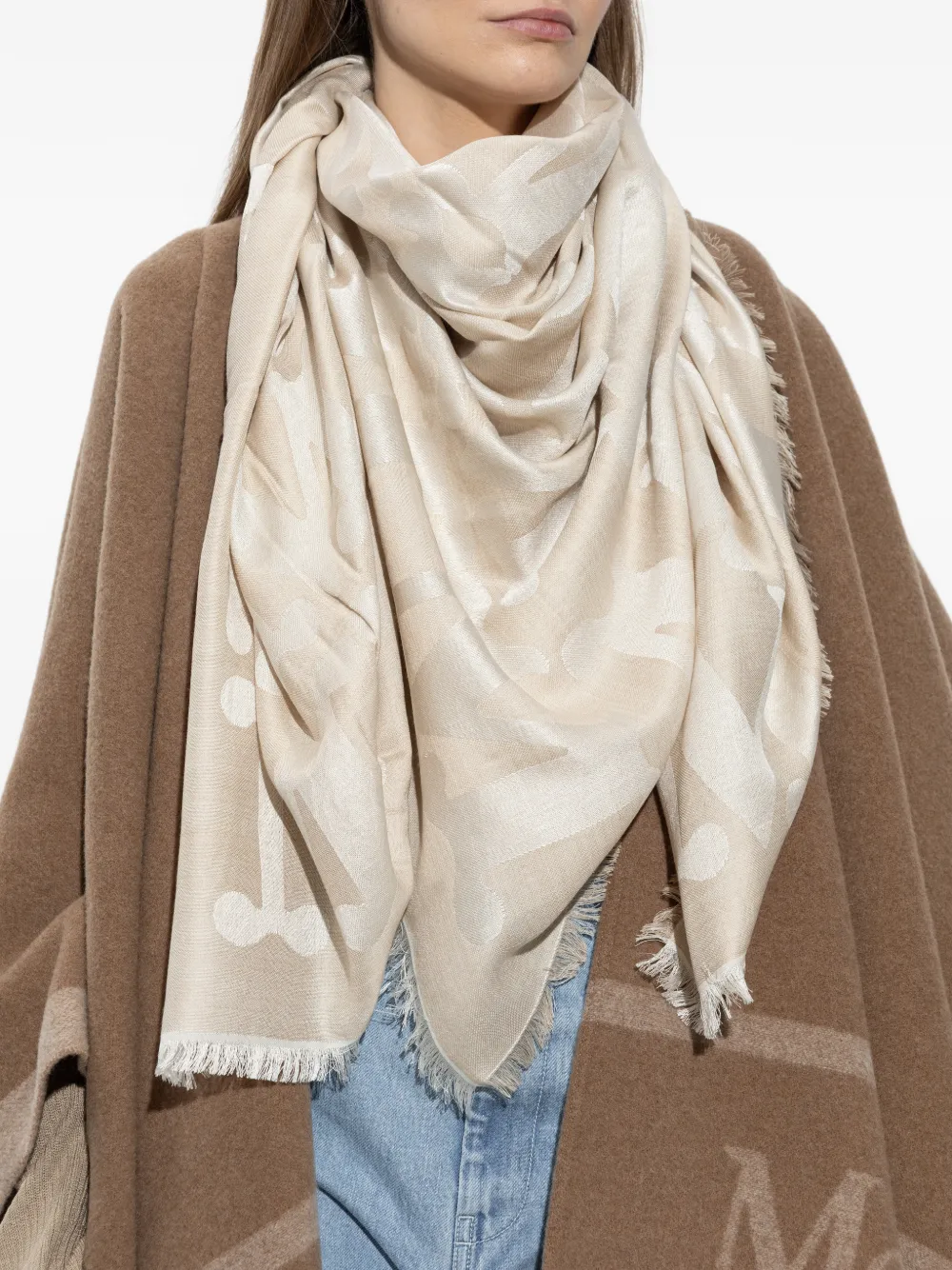 Max Mara Edro Monogram-jacquard Fringed Scarf in Neutrals, view 4