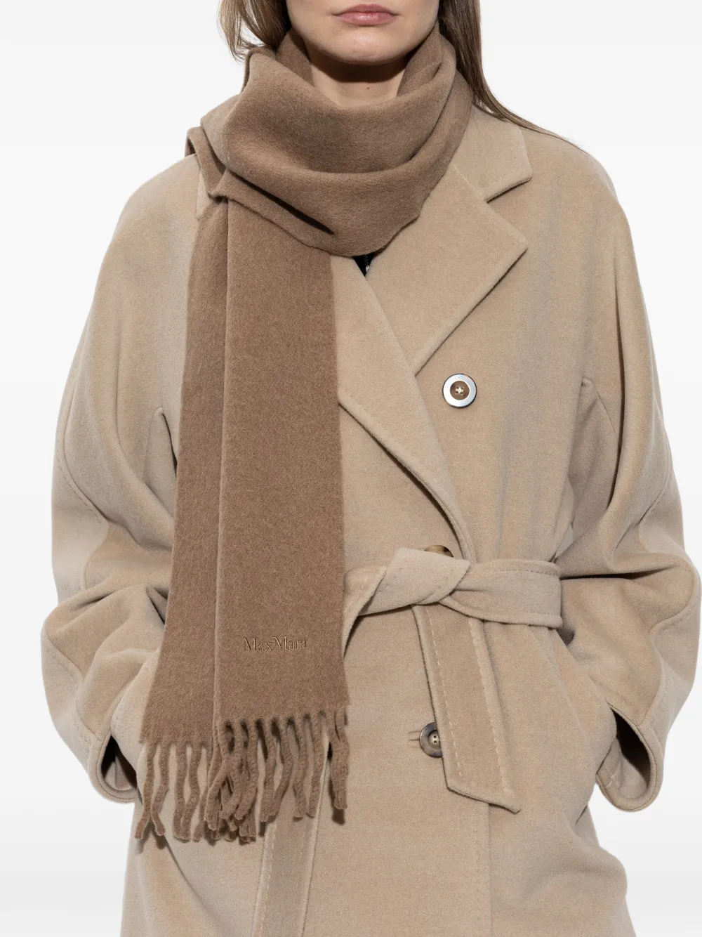 Max Mara Wollen sjaal met geborduurd logo en franje Bruin