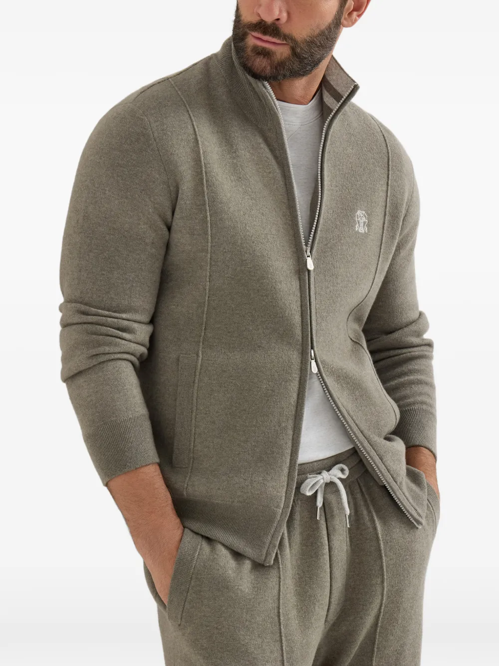 Brunello Cucinelli Kasjmier dubbelgebreid vest met rits en logo Groen