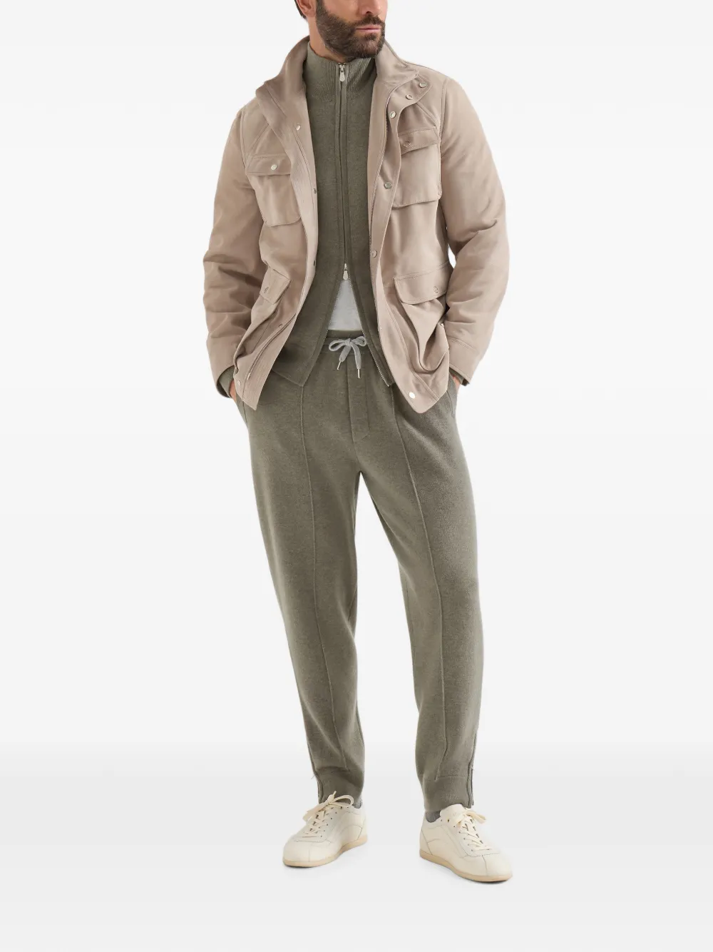 Brunello Cucinelli Kasjmier dubbelgebreid vest met rits en logo Groen