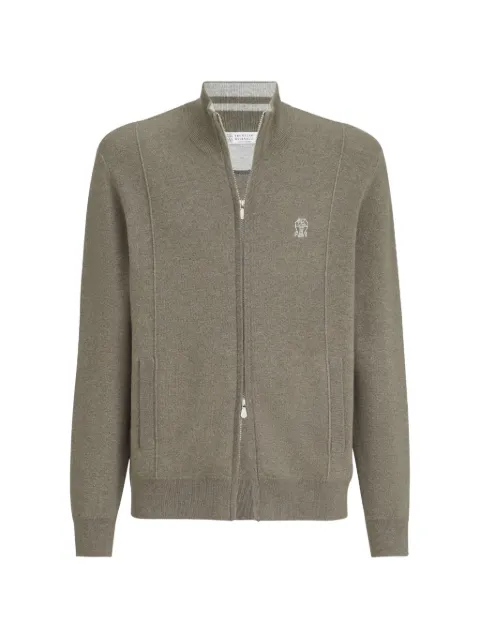 Brunello Cucinelli cashmere double knit cardigan with zipper and logo