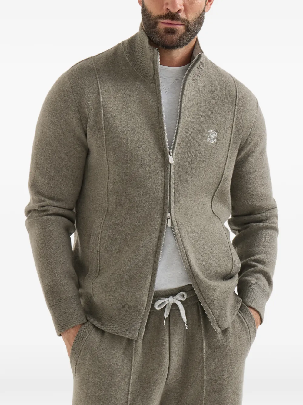 Brunello Cucinelli Kasjmier dubbelgebreid vest met rits en logo Groen