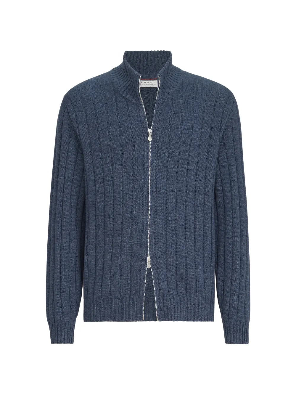 Brunello Cucinelli Cashmere Ribbed Cardigan With Zip In Blue
