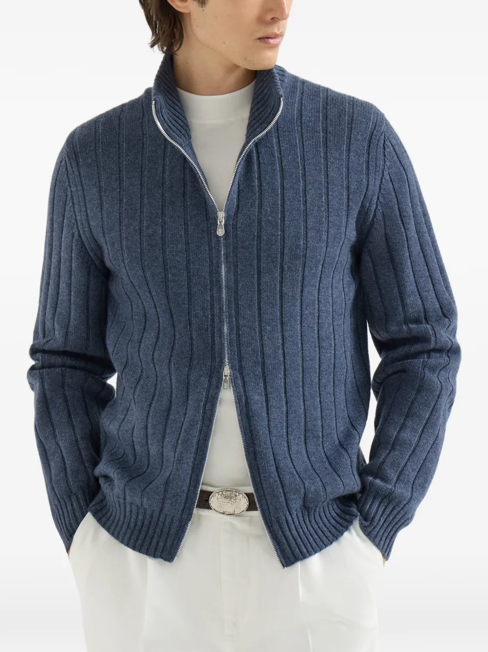 Brunello Cucinelli Kasjmier geribbeld vest met rits Blauw