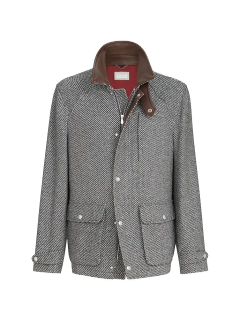 Brunello Cucinelli cashmere and silk diagonal field jacket with nappa-leather inserts
