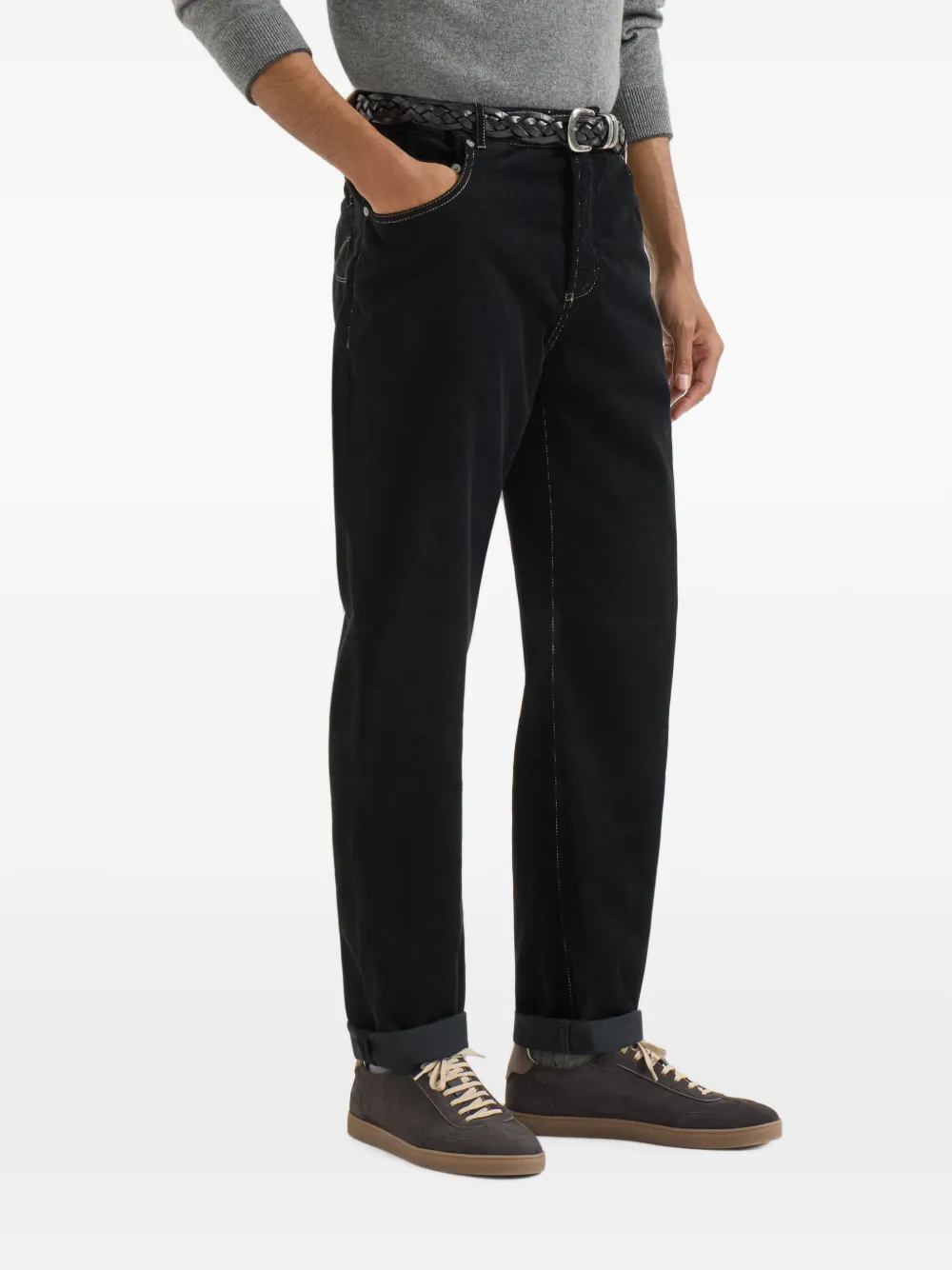 Brunello Cucinelli Ribfluwelen katoenen broek met geverfd effect en vijf zakken Zwart