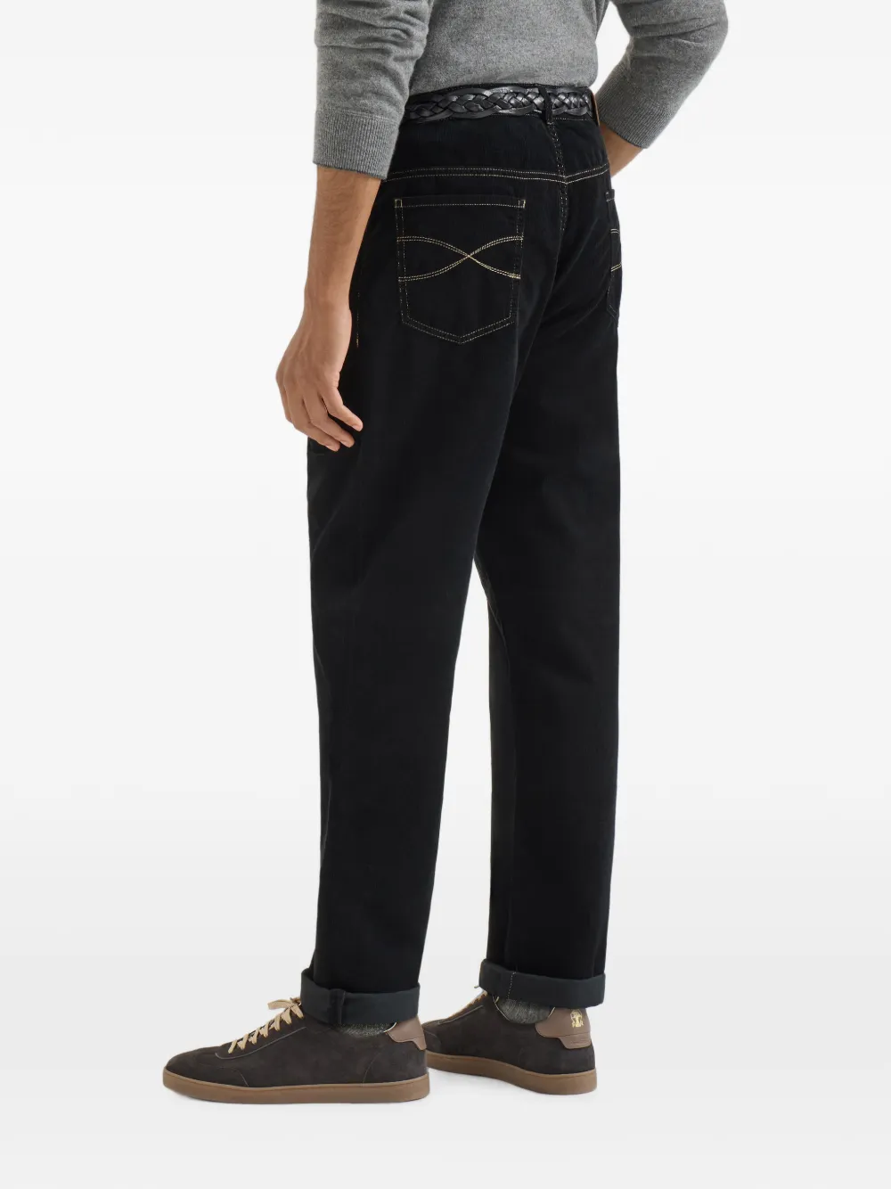 Brunello Cucinelli Ribfluwelen katoenen broek met geverfd effect en vijf zakken Zwart