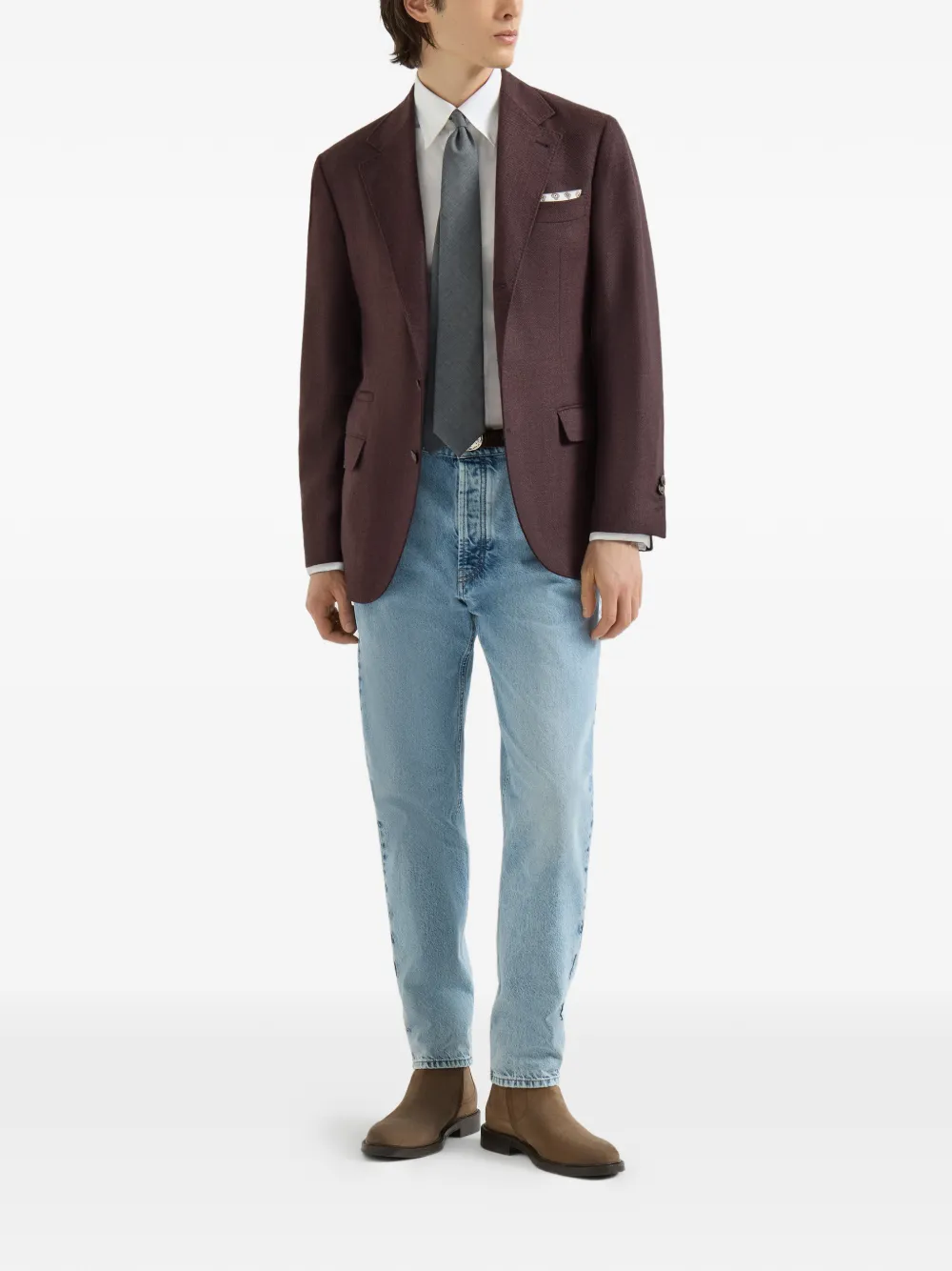 Brunello Cucinelli Mouliné twill gedeconstrueerde blazer van scheerwol Paars
