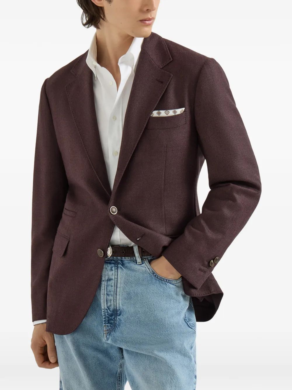 Brunello Cucinelli Mouliné twill gedeconstrueerde blazer van scheerwol Paars