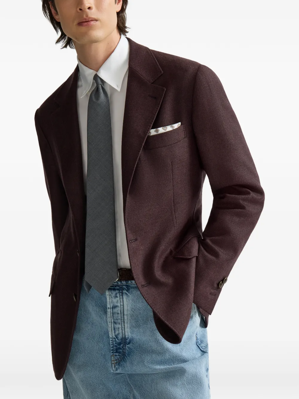 Brunello Cucinelli Mouliné twill gedeconstrueerde blazer van scheerwol Paars