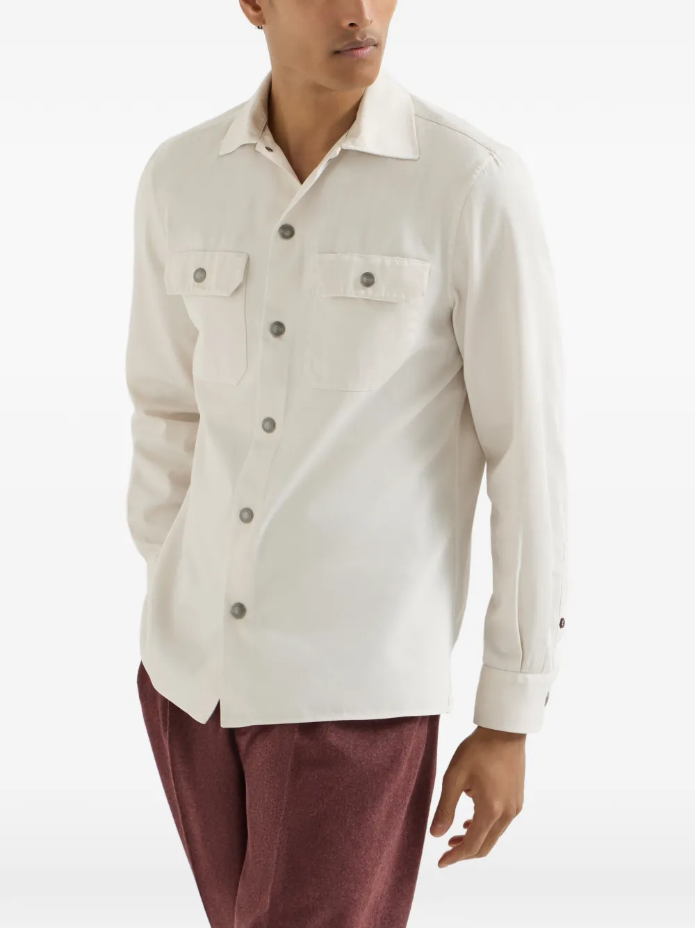 Brunello Cucinelli Gabardine shirtjack met gespreide kraag en borstzakken Beige