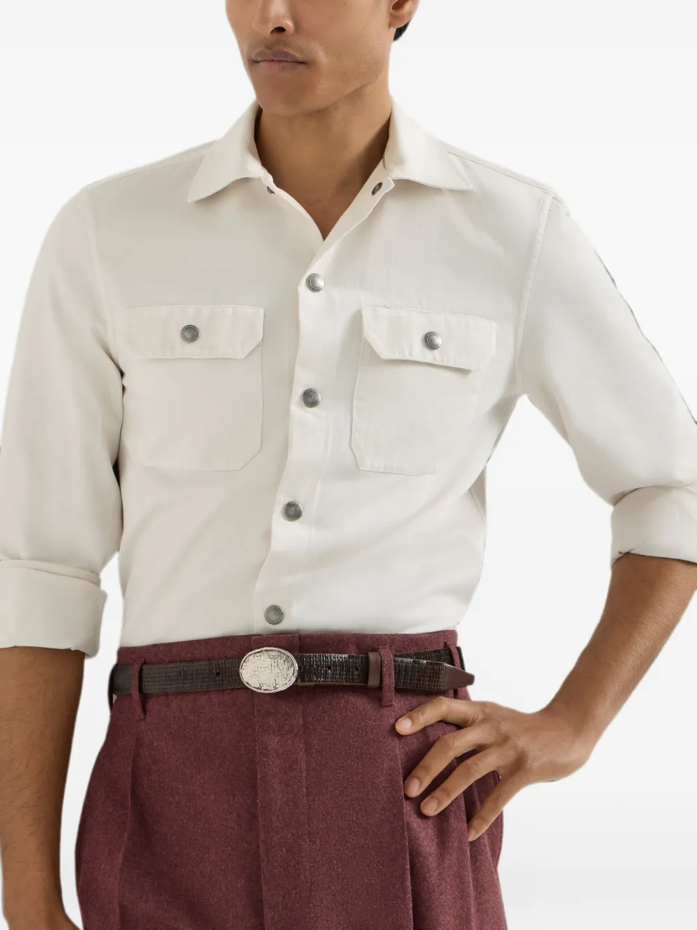 Brunello Cucinelli Gabardine shirtjack met gespreide kraag en borstzakken Beige