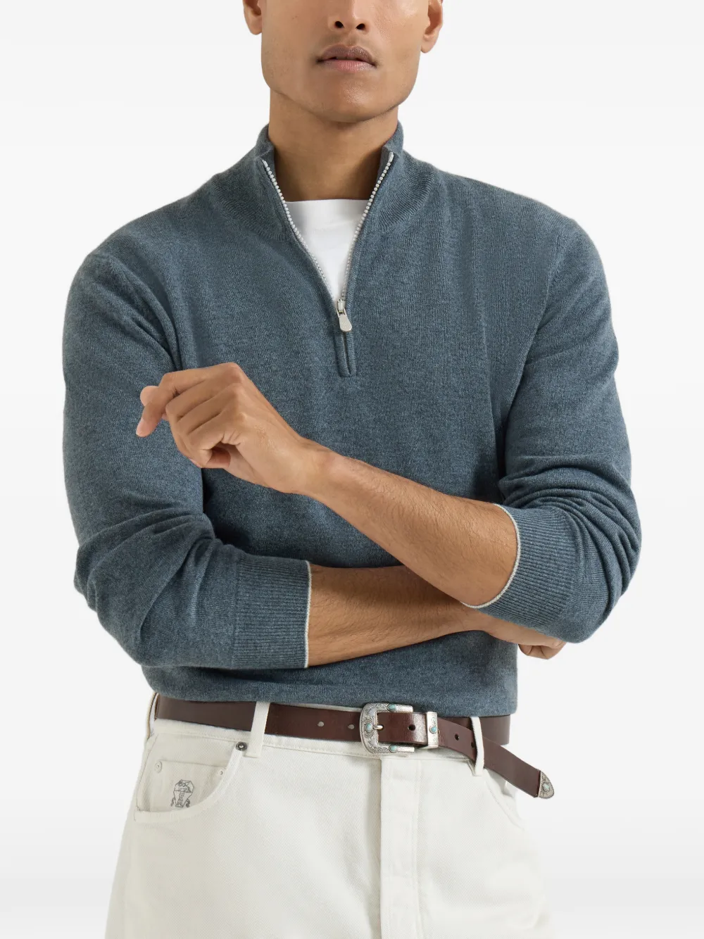 Brunello Cucinelli Trui met halve rits Blauw