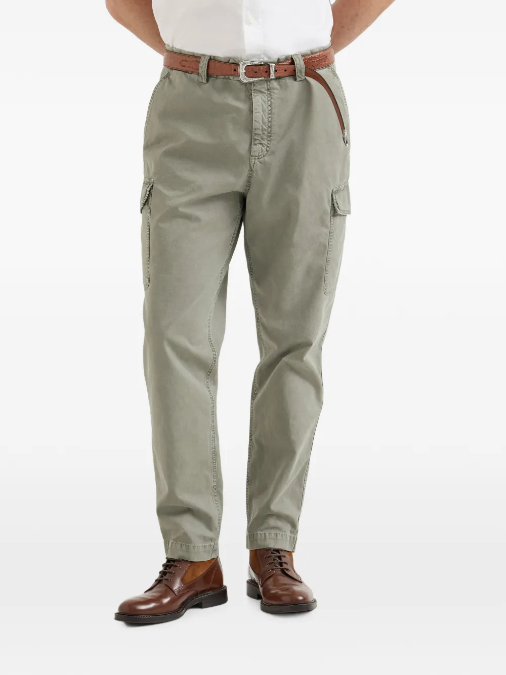 Brunello Cucinelli peached cotton gabardine trousers with cargo pockets Groen