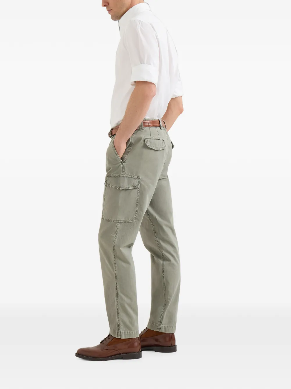 Brunello Cucinelli peached cotton gabardine trousers with cargo pockets Groen