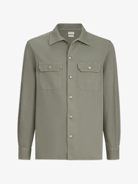Brunello Cucinelli Giacca-camicia in gabardine di cotone tinto in capo con colletto ampio e tasche sul petto