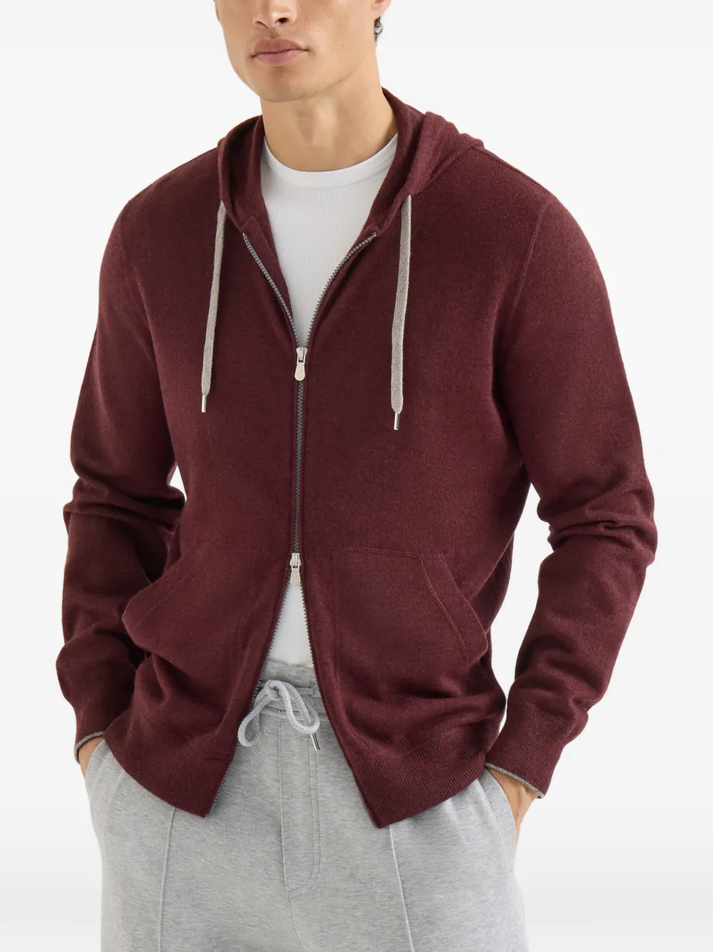 Brunello Cucinelli Kasjmier gebreide sweater met capuchon en rits Rood