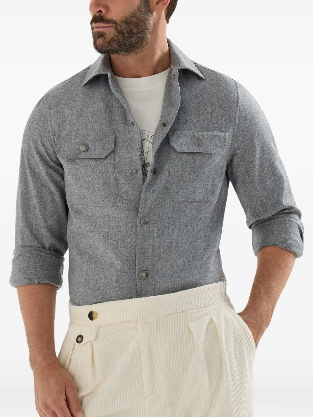 Brunello Cucinelli Scheerwollen flanellen shirtjack met gespreide kraag en borstzakken Grijs