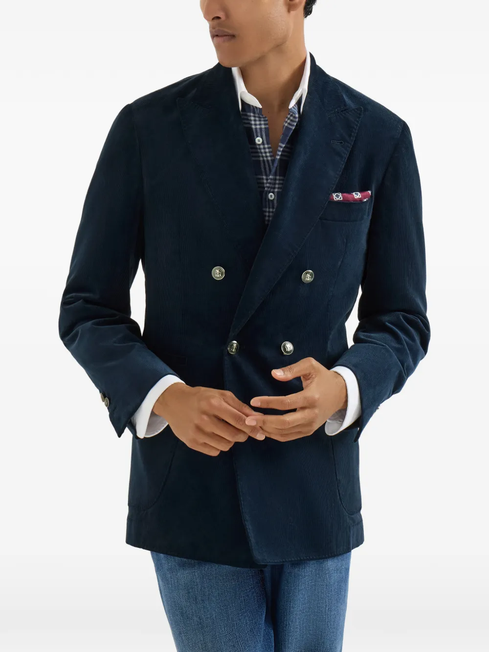Brunello Cucinelli Sea Island katoenen ribfluwelen blazer met opgestikte zakken Blauw