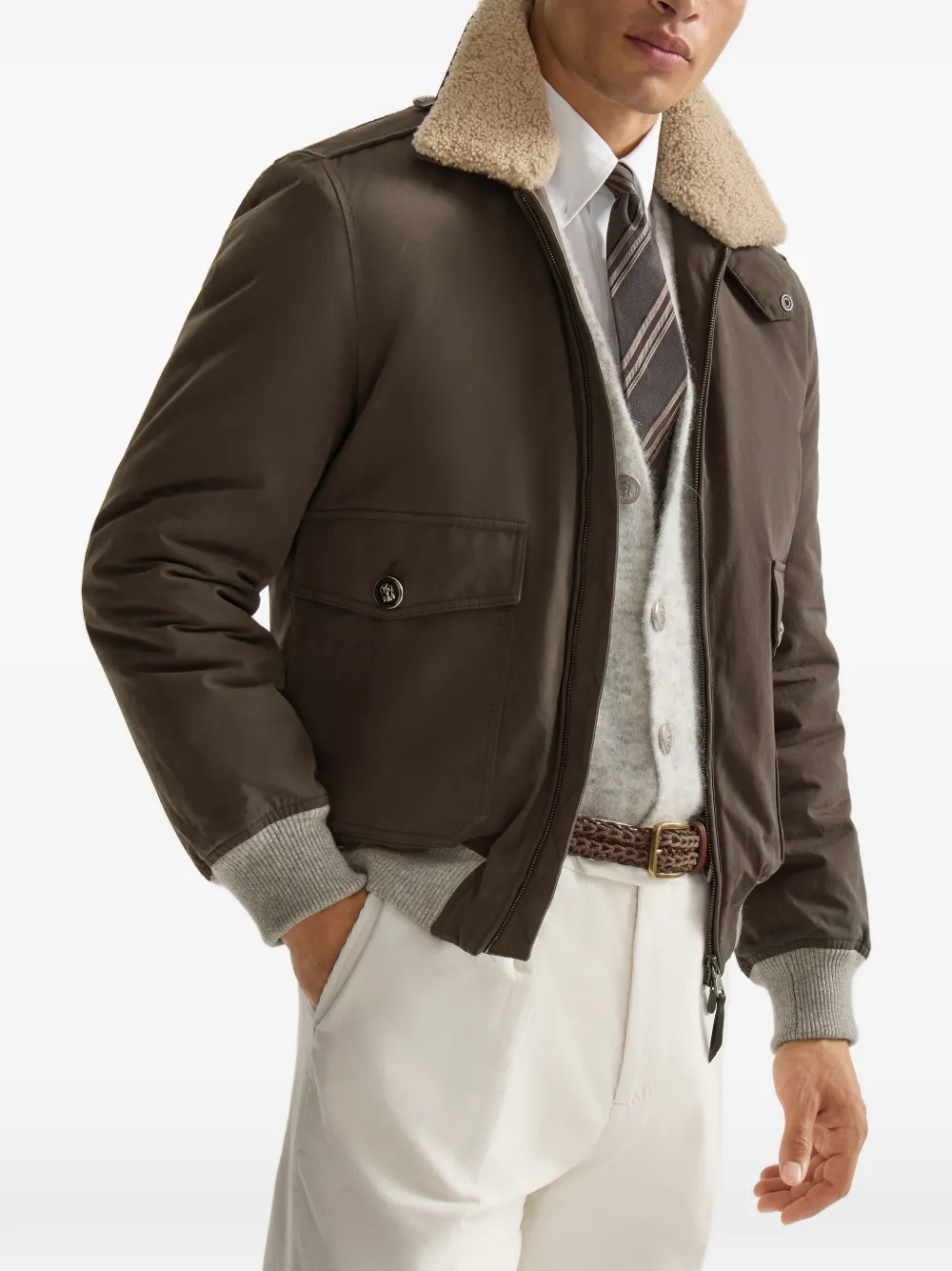 Brunello Cucinelli Techno gewaxt katoenen bomberjack met Thermore voering en afneembare lammy kraag Grijs