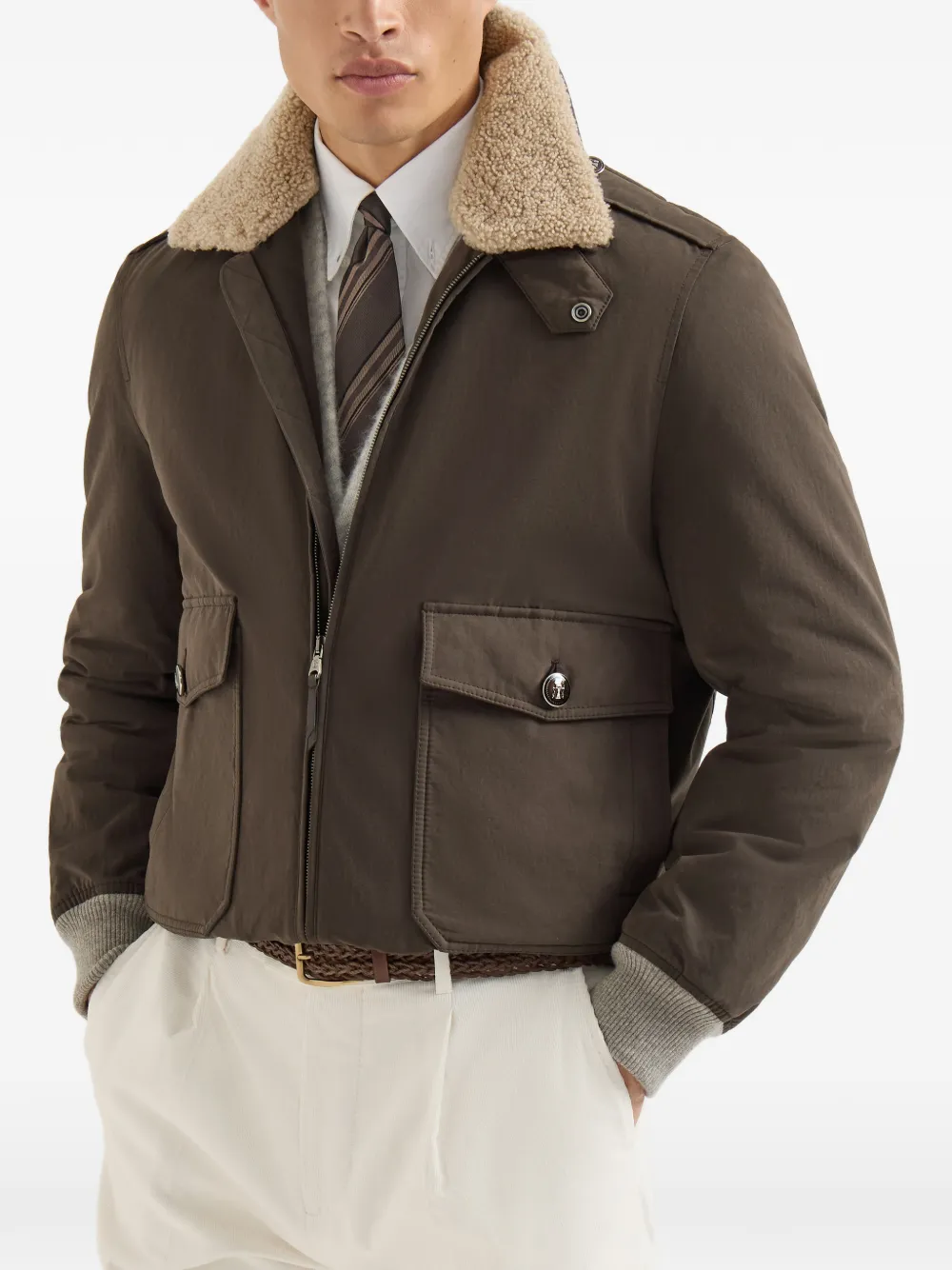 Brunello Cucinelli Techno gewaxt katoenen bomberjack met Thermore voering en afneembare lammy kraag Grijs