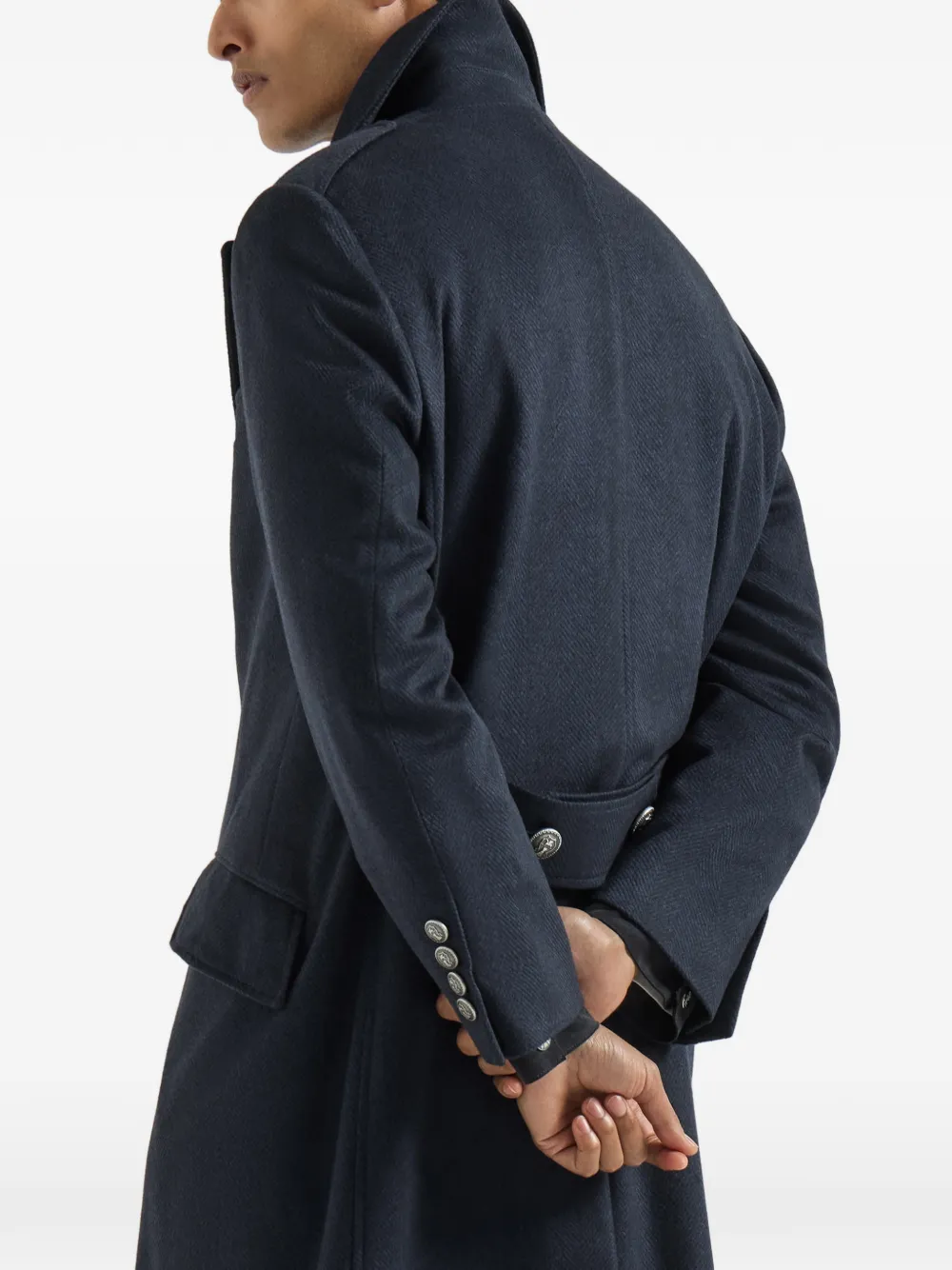 Brunello Cucinelli Kasjmier flanellen jas met puntige revers en metalen knopen Blauw