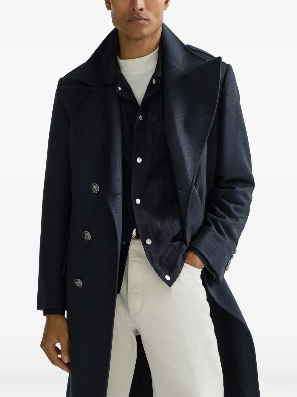 Brunello Cucinelli Kasjmier flanellen jas met puntige revers en metalen knopen Blauw