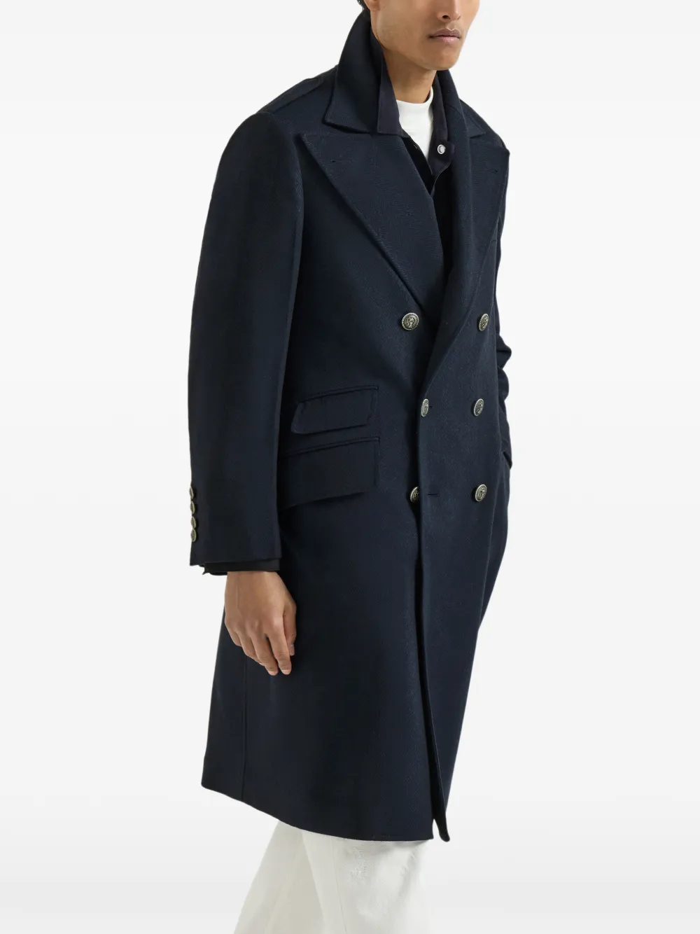 Brunello Cucinelli Kasjmier flanellen jas met puntige revers en metalen knopen Blauw