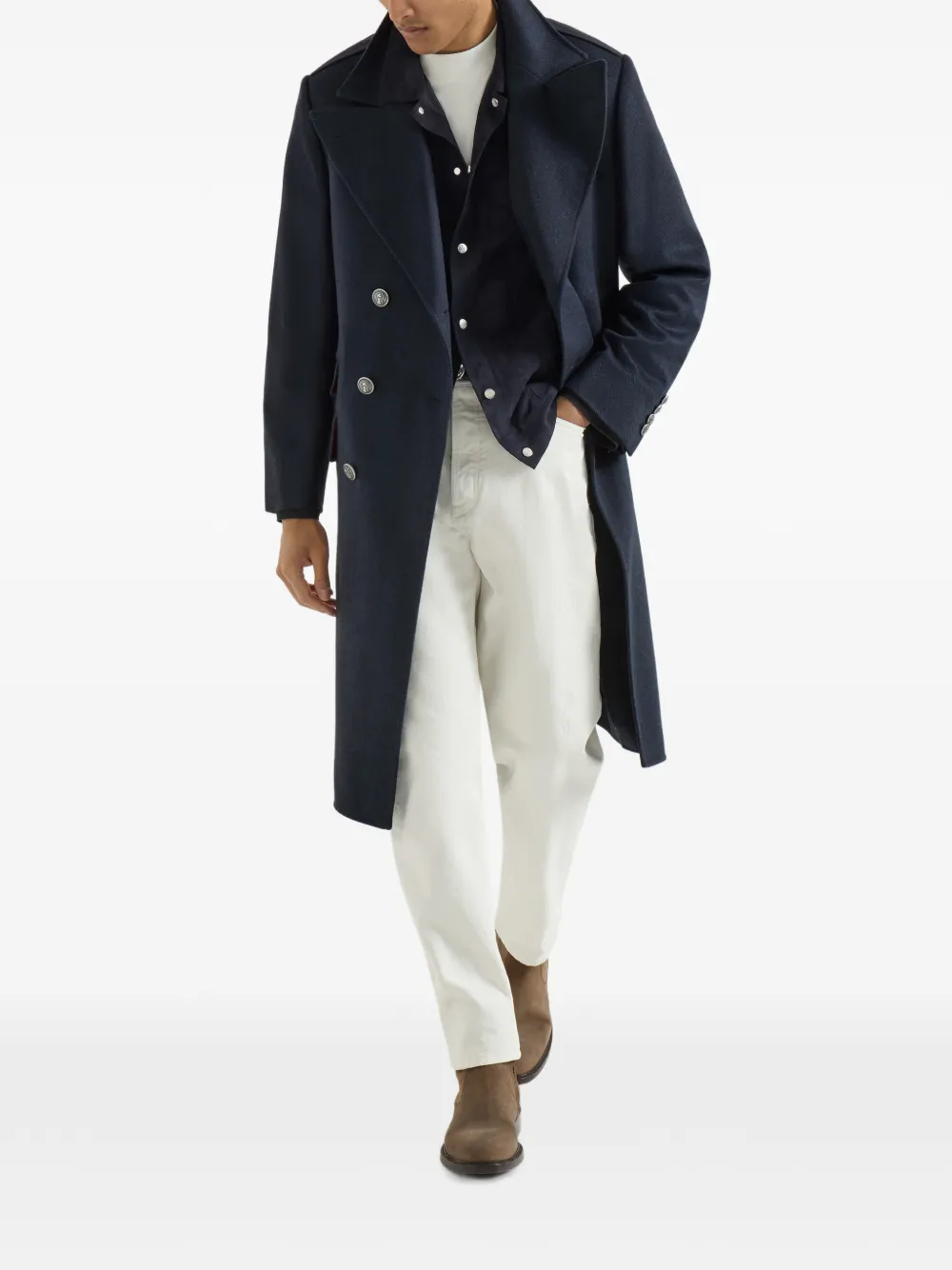 Brunello Cucinelli Kasjmier flanellen jas met puntige revers en metalen knopen Blauw