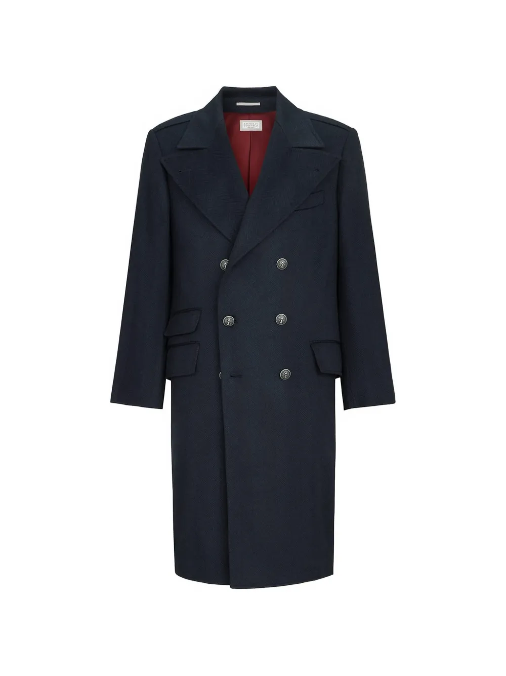 Brunello Cucinelli cashmere chevron flannel one-and-a half breasted coat with peak lapels and metal buttons - Blu