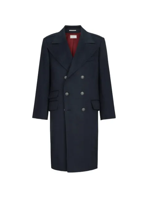 Brunello Cucinelli cashmere chevron flannel one-and-a half breasted coat with peak lapels and metal buttons